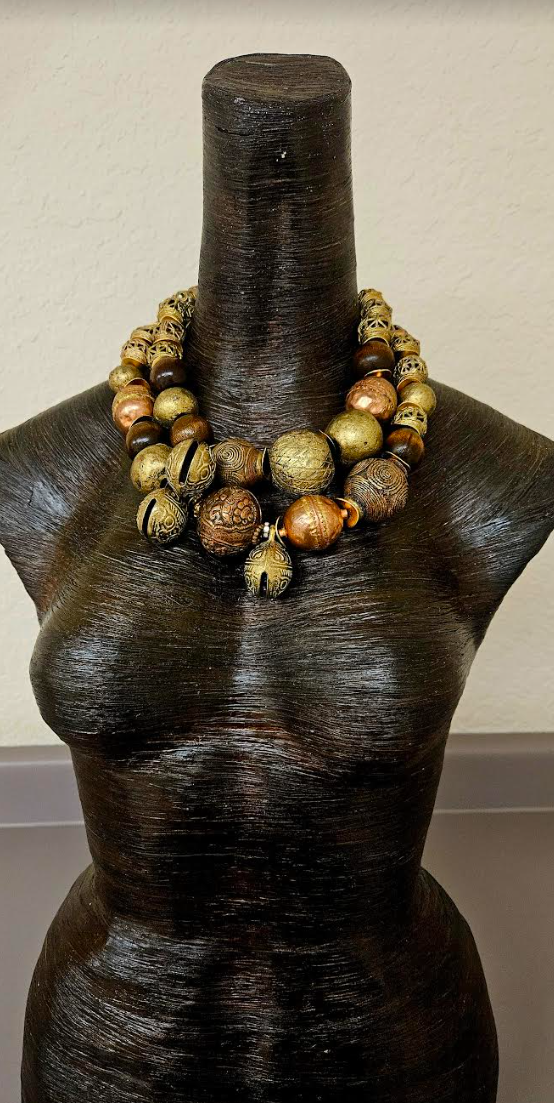 Brass Copper & Wood Oversized Beaded Tribal Couture Statement Necklace - Warm Metal Socialite Ethnic Neck Candy _ Women of Color African Necklace - Kat Kouture Jewelry