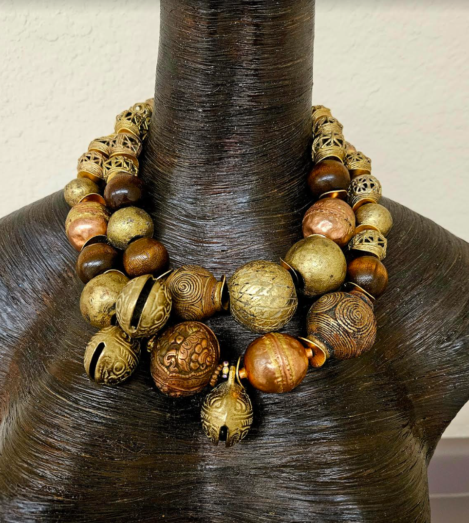 Brass Copper & Wood Oversized Beaded Tribal Couture Statement Necklace - Warm Metal Socialite Ethnic Neck Candy _ Women of Color African Necklace - Kat Kouture Jewelry
