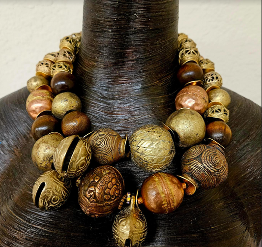 Brass Copper & Wood Oversized Beaded Tribal Couture Statement Necklace - Warm Metal Socialite Ethnic Neck Candy _ Women of Color African Necklace - Kat Kouture Jewelry