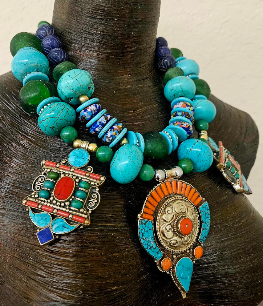 Blue & Green Oversized Heavy Beaded Tribal Statement Necklace with Tibetan Pendants - High End Bold and Chunky Ethnic Neck Candy - Kat Kouture Jewelry