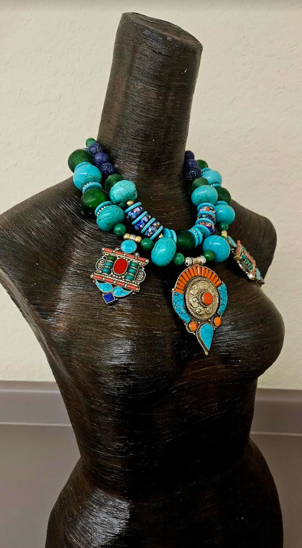 Ornate Multi Pendant Oversized Beaded Chest Piece for Men - Blue Green Magnesite & Glass Tribal Statement Necklace - Kat Kouture Jewelry - Bold Chunky Heavy Beaded Neck Candy