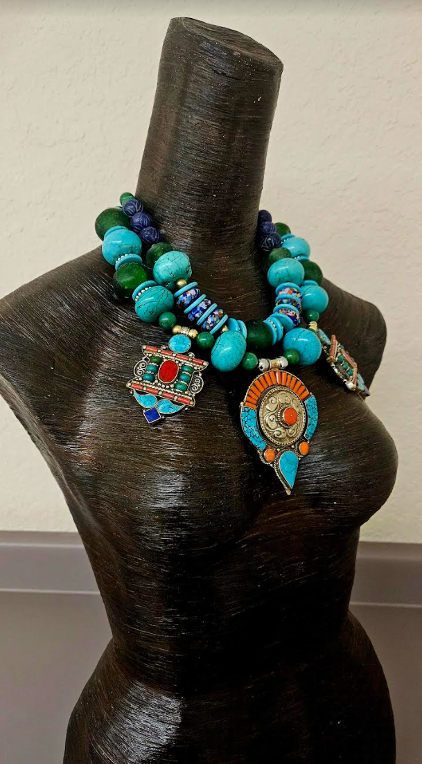 Blue & Green Oversized Heavy Beaded Tribal Statement Necklace with Tibetan Pendants - High End Bold and Chunky Ethnic Neck Candy - Kat Kouture Jewelry