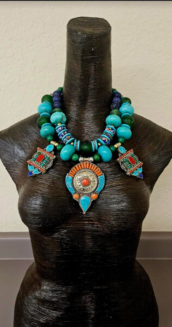 Blue & Green Oversized Heavy Beaded Tribal Statement Necklace with Tibetan Pendants - High End Bold and Chunky Ethnic Neck Candy - Kat Kouture Jewelry