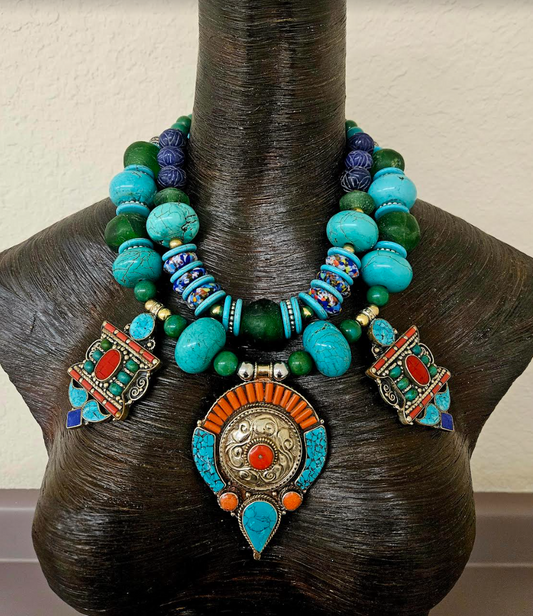 Blue & Green Oversized Heavy Beaded Tribal Statement Necklace with Tibetan Pendants - High End Bold and Chunky Ethnic Neck Candy - Kat Kouture Jewelry