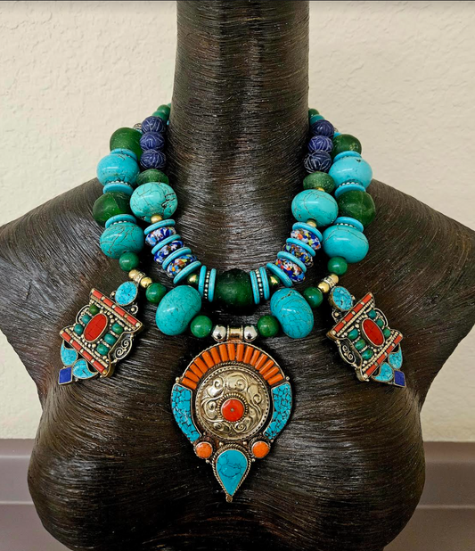 Ornate Multi Pendant Oversized Beaded Chest Piece for Men - Blue Green Magnesite & Glass Tribal Statement Necklace - Kat Kouture Jewelry - Bold Chunky Heavy Beaded Neck Candy