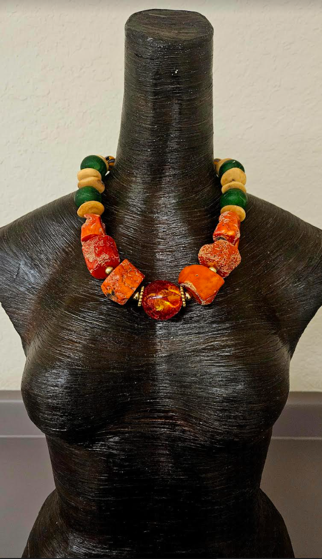 Oversized Rustic Orange Coral Unisex Necklace - Bold Chunky Heavy Exotic Orange & Green Neck Candy - Kat Kouture Jewelry