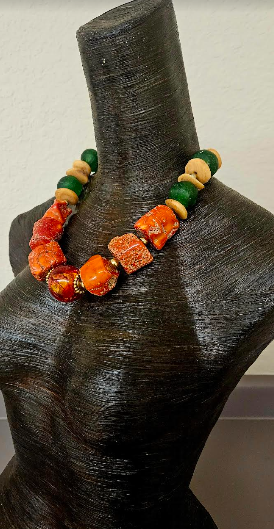 Oversized Rustic Orange Coral Unisex Necklace - Bold Chunky Heavy Exotic Orange & Green Neck Candy - Kat Kouture Jewelry