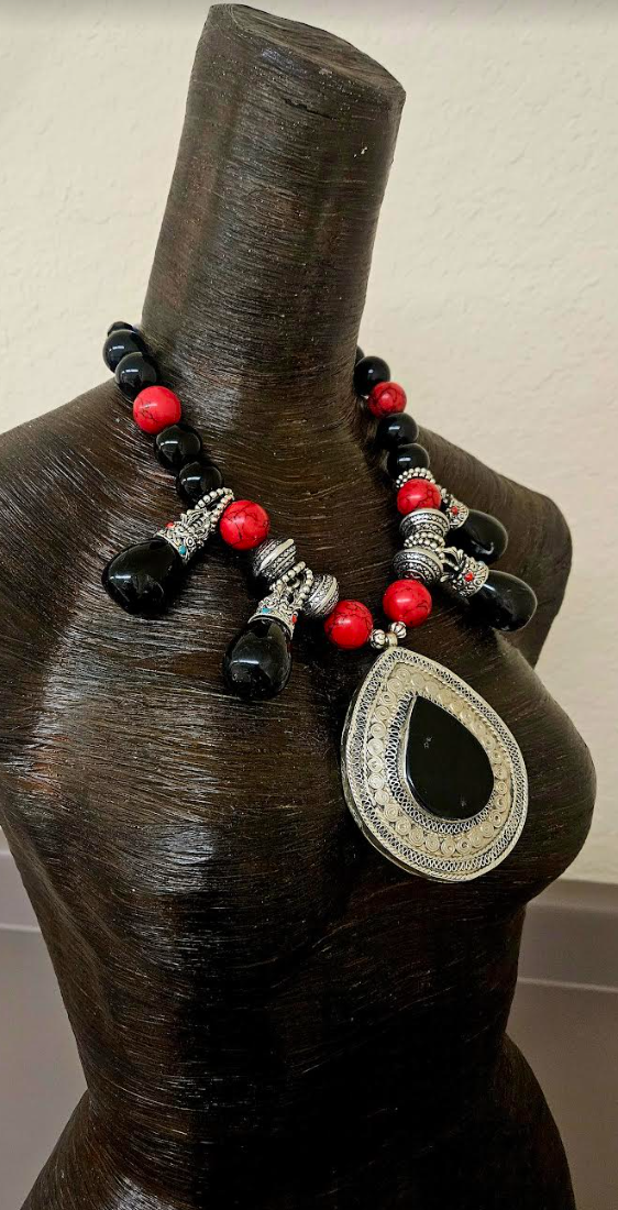 Black Onyx Vintage Ethnic Statement Pendant for Men - Black Red and Silver Ornate Teardrop Gemstone Statement Necklace - Kat Kouture Jewelry