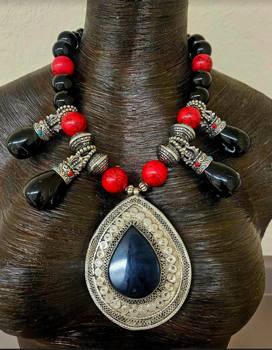 Black Onyx Vintage Ethnic Statement Pendant for Men - Black Red and Silver Ornate Teardrop Gemstone Statement Necklace - Kat Kouture Jewelry