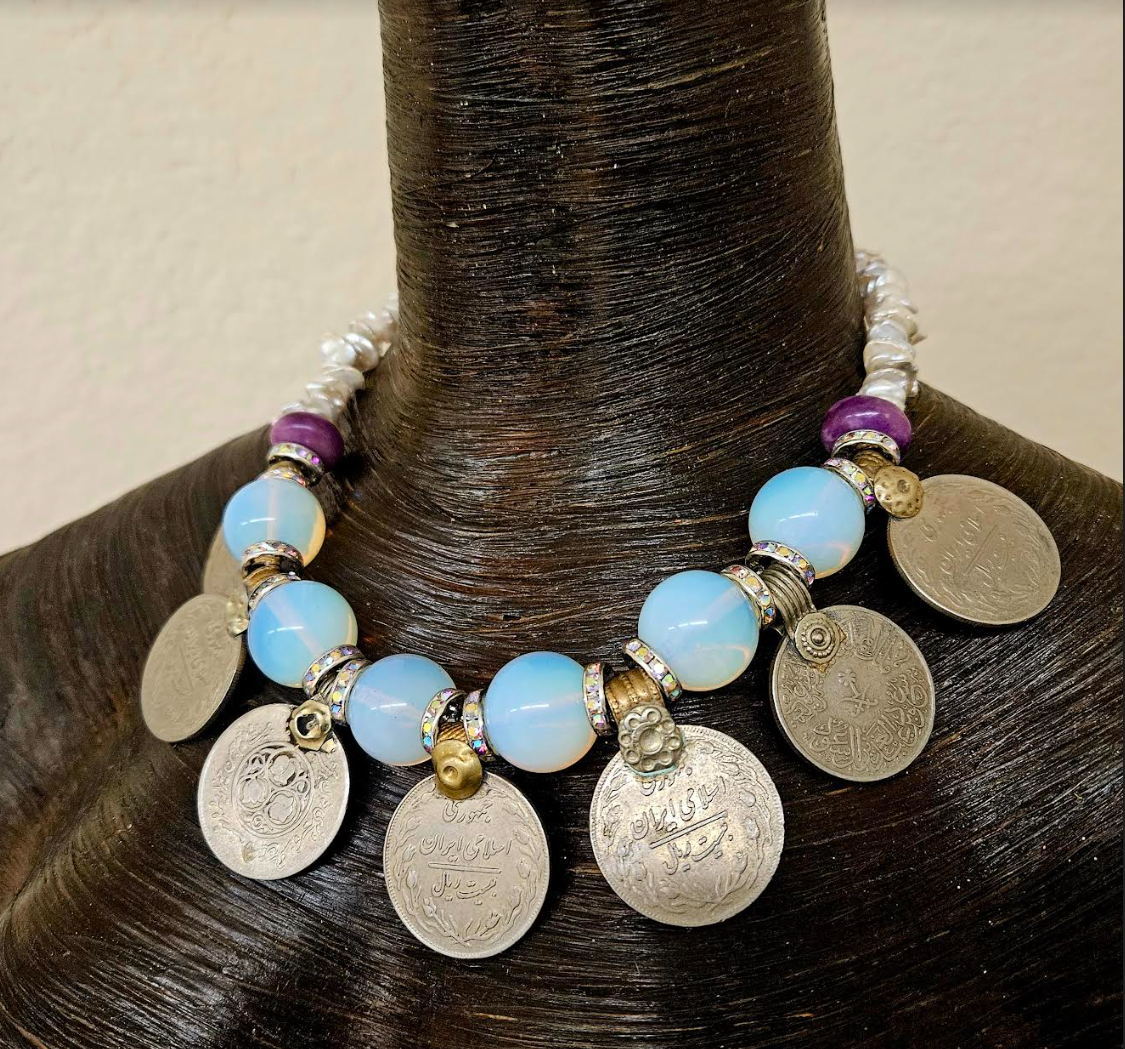 Moonstone & Kuchi Coin Tribal Necklace for Petite Women - Understated Ethnic Beaded Choker - Kat Kouture Jewelry
