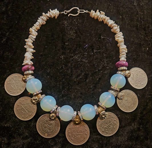 Moonstone & Kuchi Coin Tribal Necklace for Petite Women - Understated Ethnic Beaded Choker - Kat Kouture Jewelry