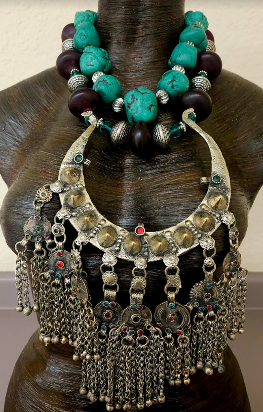 Exotic Wild Tribal Torc & Resin Chest Piece Statement Set - Vintage Torque & Faux Turquoise Bib Necklace Set - Kat Kouture Jewelry