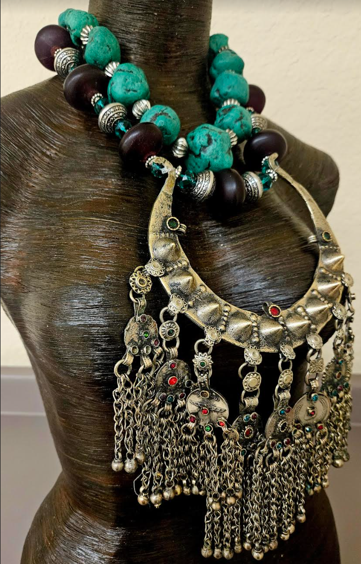Exotic Wild Tribal Torc & Resin Chest Piece Statement Set - Vintage Torque & Faux Turquoise Bib Necklace Set - Kat Kouture Jewelry