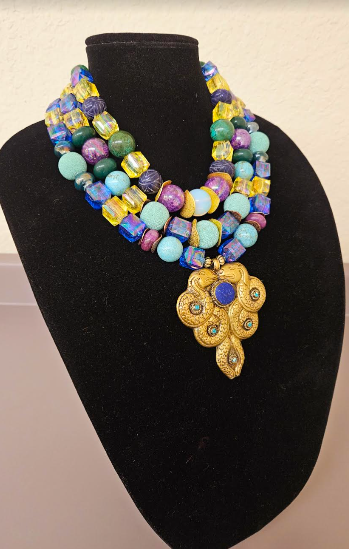 Jeweltone Multi Strand Beaded Statement Necklace with Double Dragon Pendant - Bold Chunky Lightweight OOAK Wearable Art Neck Candy - Kat Kouture Jewelry