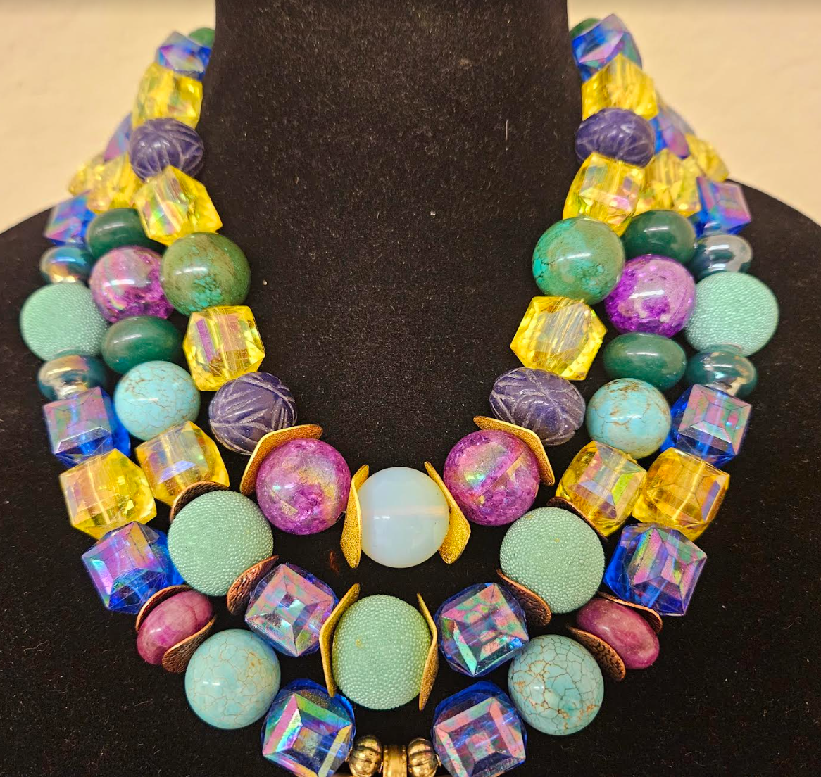 Jeweltone Multi Strand Beaded Statement Necklace with Double Dragon Pendant - Bold Chunky Lightweight OOAK Wearable Art Neck Candy - Kat Kouture Jewelry