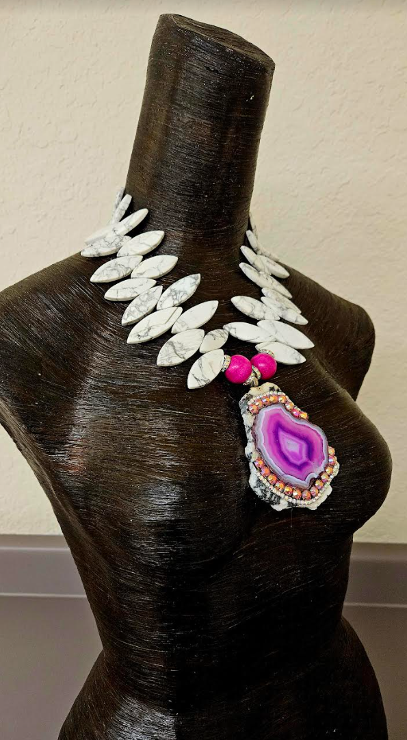 Zebra Jasper & Hot Pink Agate Slab Statement Pendant for Petite Women - Black and White Jasper Statement Necklace - Kat Kouture Jewelry Designs