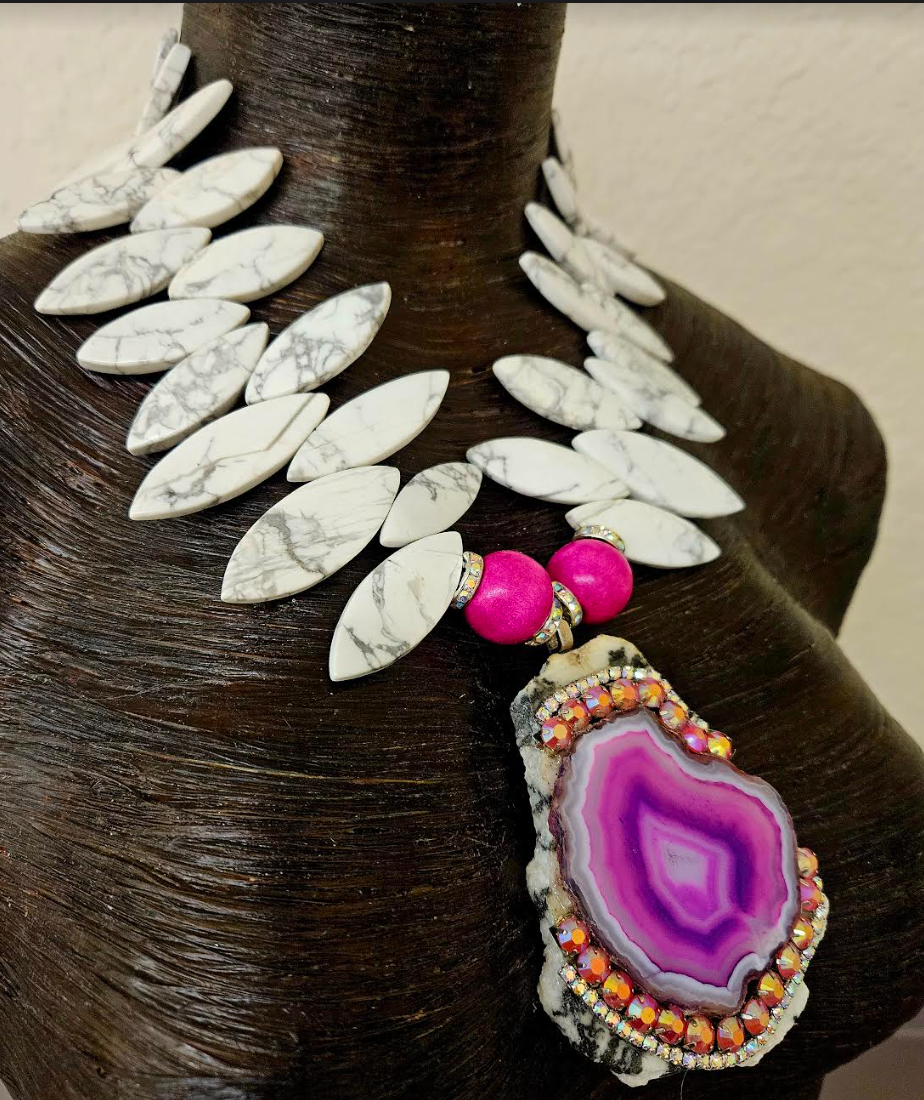Zebra Jasper & Hot Pink Agate Slab Statement Pendant for Petite Women - Black and White Jasper Statement Necklace - Kat Kouture Jewelry Designs