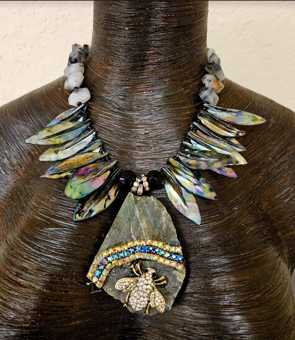 Labradorite Slab & Rhinestone Bee Artisan Pendant for Petite Women - Black Abalone Leaf and Rutilated Quartz Statement Necklace - Kat Kouture Jewelry Designs