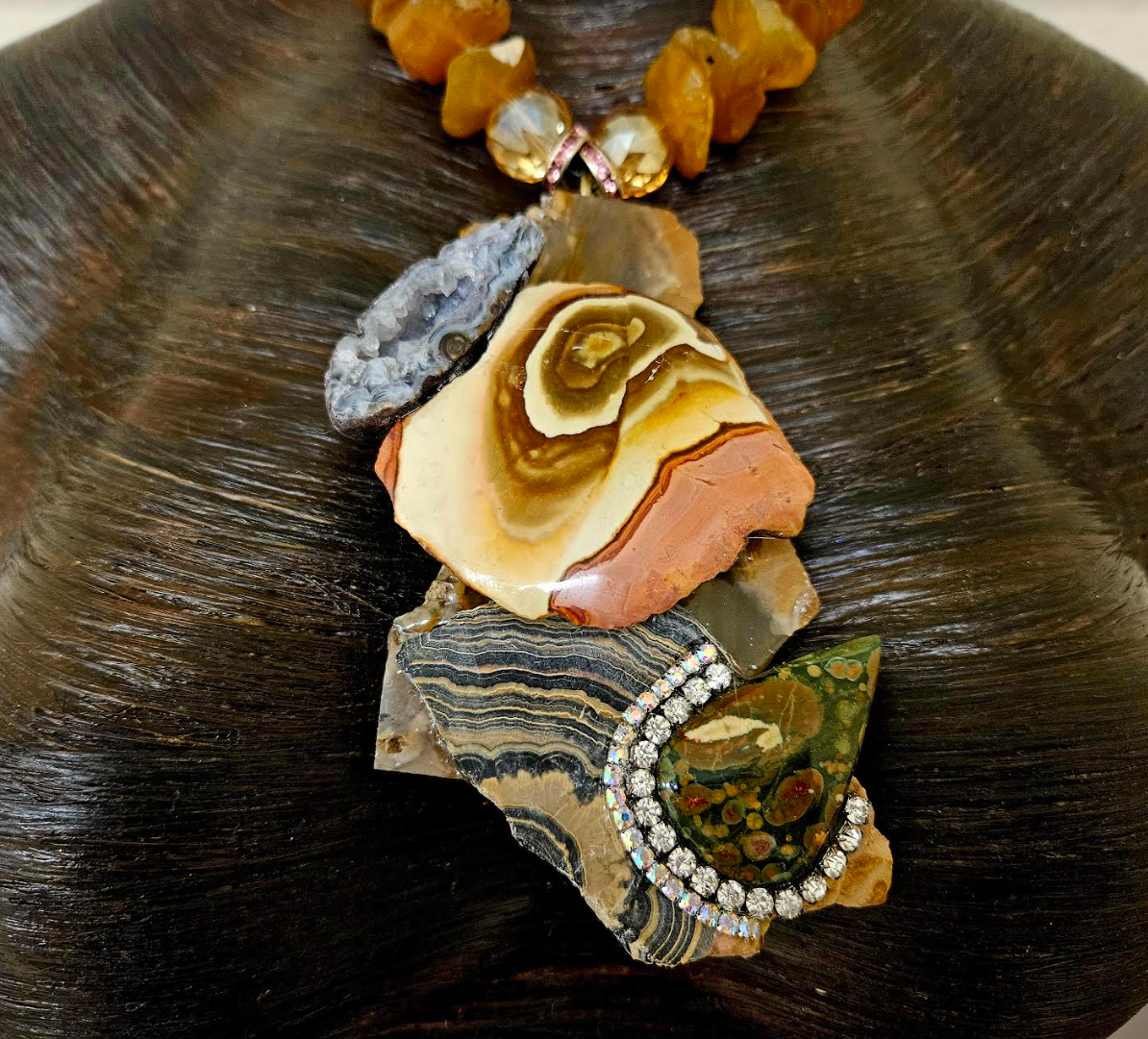 Mixed Earthy Gemstone Slab Artist Unisex Chest Piece - Rough Orange Agate Necklace - Wearable Art Jewelry from Kat Kouture - Masculine Gemstone Amulet