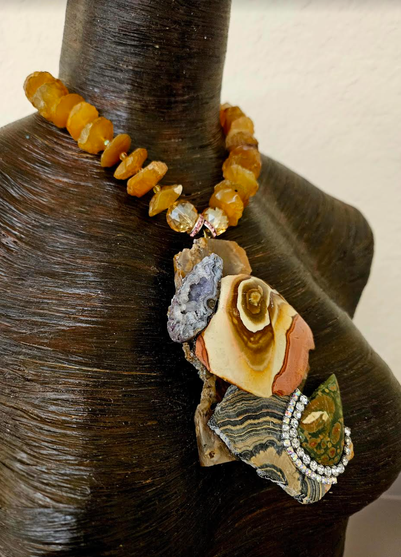 Mixed Earthy Gemstone Slab Artist Unisex Chest Piece - Rough Orange Agate Necklace - Wearable Art Jewelry from Kat Kouture - Masculine Gemstone Amulet