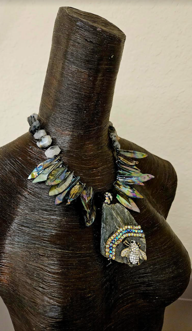 Labradorite Slab & Rhinestone Bee Artisan Pendant for Petite Women - Black Abalone Leaf and Rutilated Quartz Statement Necklace - Kat Kouture Jewelry Designs
