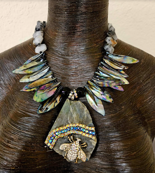 Labradorite Slab & Rhinestone Bee Artisan Pendant for Petite Women - Black Abalone Leaf and Rutilated Quartz Statement Necklace - Kat Kouture Jewelry Designs