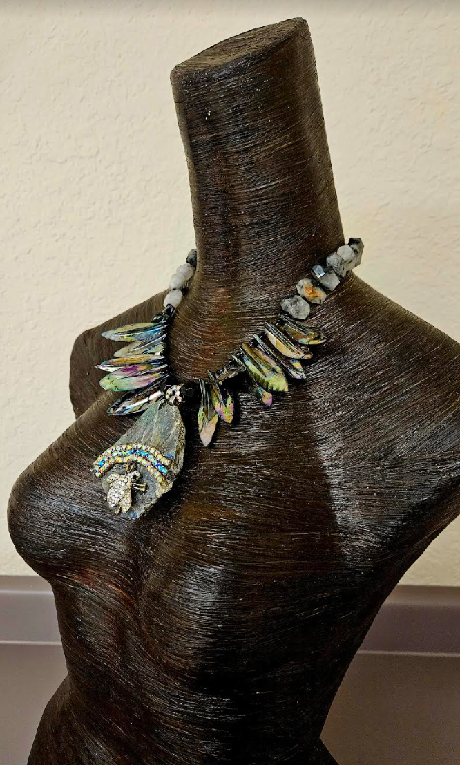 Labradorite Slab & Rhinestone Bee Artisan Pendant for Petite Women - Black Abalone Leaf and Rutilated Quartz Statement Necklace - Kat Kouture Jewelry Designs