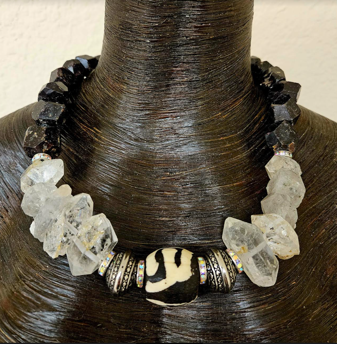 Double Terminated Quartz Unisex Statement Necklace - Exotic Gemstone Men's Choker - Kat Kouture Jewelry Designs - Bold Chunky Heavy Gemstone Neck Candy