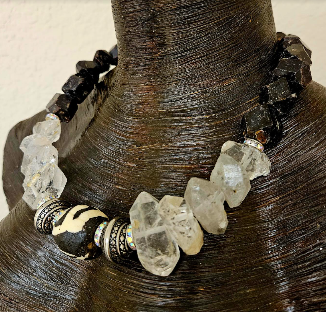 Double Terminated Quartz Unisex Statement Necklace - Exotic Gemstone Men's Choker - Kat Kouture Jewelry Designs - Bold Chunky Heavy Gemstone Neck Candy