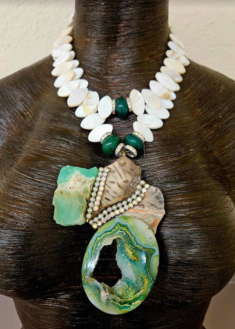 White Brown & Green Gemstone Artisan Unisex Chest Piece - Abalone Emerald Chrysoprase Jasper Statement Necklace Pendant - Kat Kouture Jewelry Designs