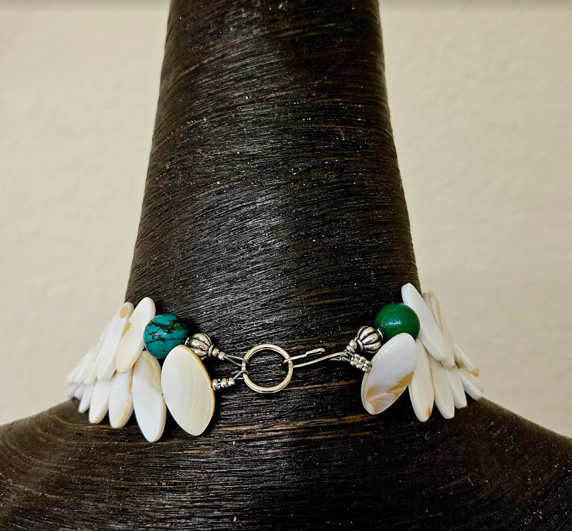 White Brown & Green Gemstone Artisan Unisex Chest Piece - Abalone Emerald Chrysoprase Jasper Statement Necklace Pendant - Kat Kouture Jewelry Designs