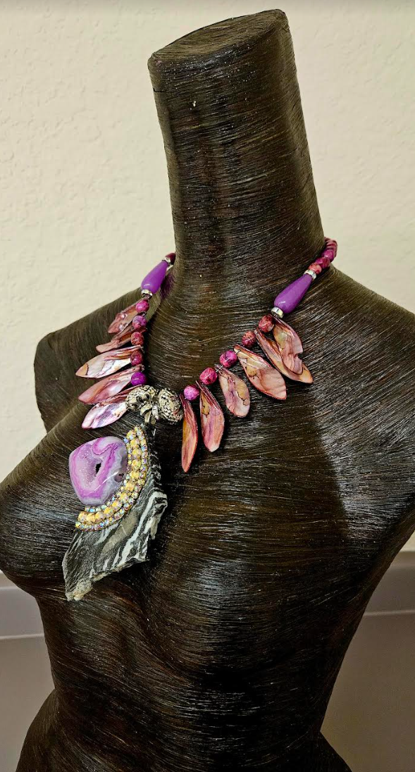 Exotic Pink Abalone Leaf Statement Necklace for Petite Women - Zebra Jasper Druzy Agate & Rhinestone Artisian Pendant - Kat Kouture Jewelry Designs