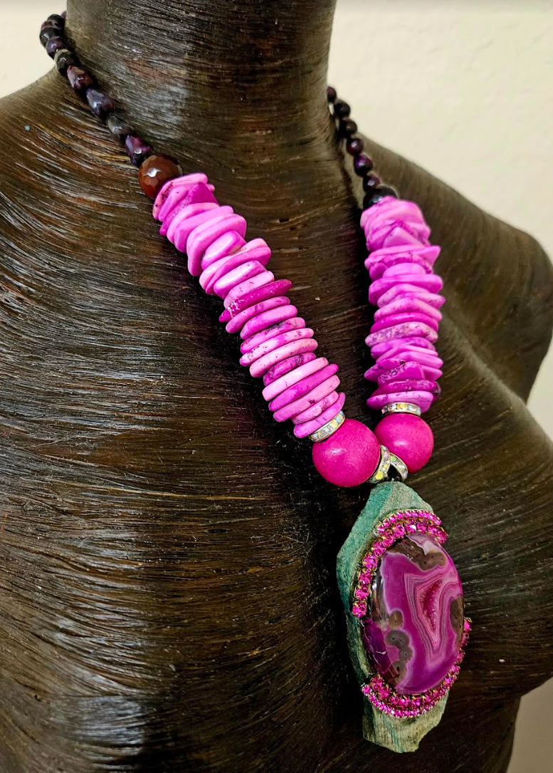 Green and Hot Pink Druzy Gemstone Pendant - Fuschia Heishi and Purple Agate Necklace for Petite Women - Kat Kouture Jewelry Designs