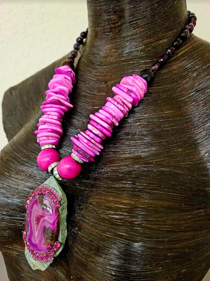 Green and Hot Pink Druzy Gemstone Pendant - Fuschia Heishi and Purple Agate Necklace for Petite Women - Kat Kouture Jewelry Designs