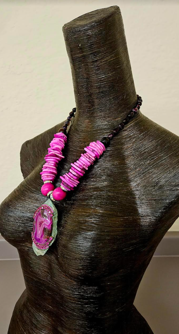 Green and Hot Pink Druzy Gemstone Pendant - Fuschia Heishi and Purple Agate Necklace for Petite Women - Kat Kouture Jewelry Designs