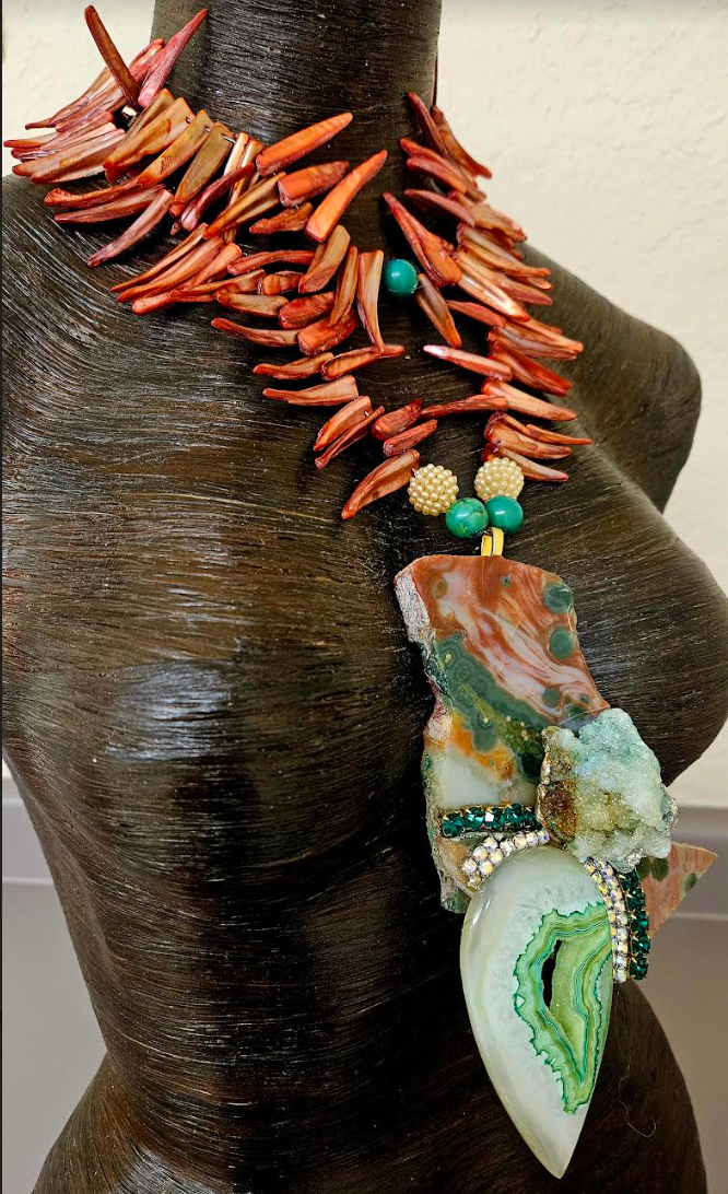 Exotic Ocean Jasper Slab & Green Gemstone Artisan Statement Pendant - Hot Orange Abalone Stick Shell Statement Necklace - Cruise Accessory - Kat Kouture Jewelry Designs
