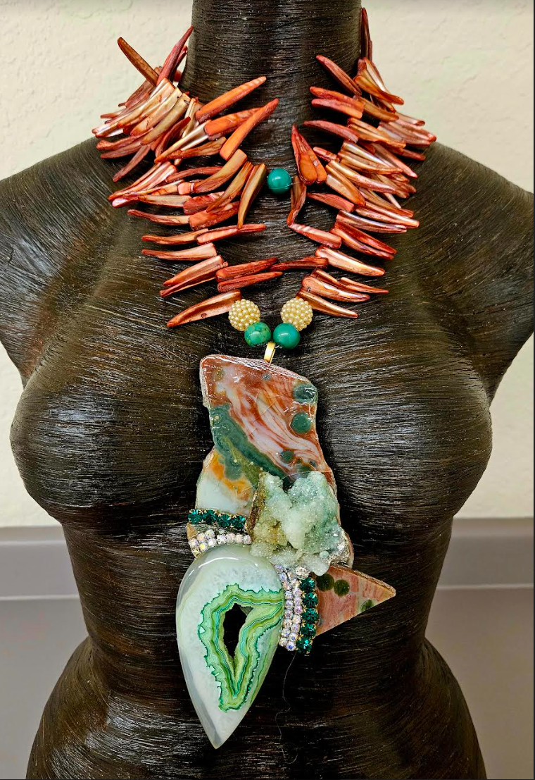 Exotic Ocean Jasper Slab & Green Gemstone Artisan Statement Pendant - Hot Orange Abalone Stick Shell Statement Necklace - Cruise Accessory - Kat Kouture Jewelry Designs