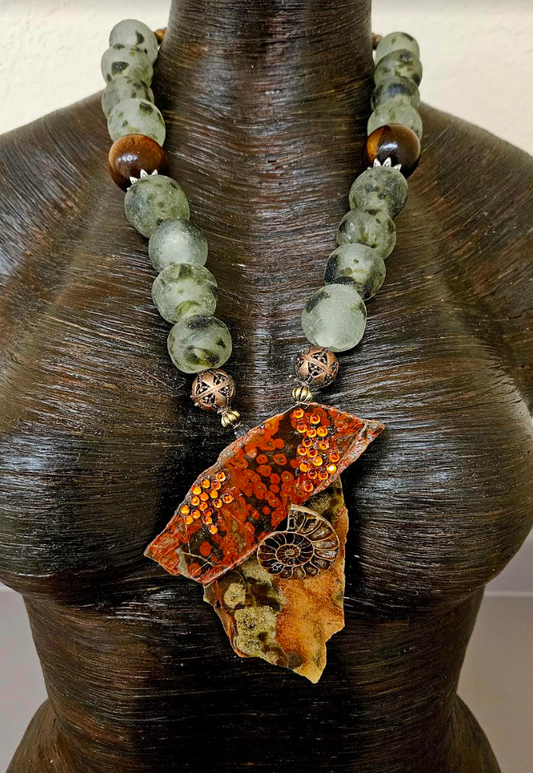 Morgan Poppy Jasper Slab Ammonite Earth Tone Unisex Chest Piece - Recycled African Glass Oversized Beaded Necklace - Kat Kouture Jewelry Designs