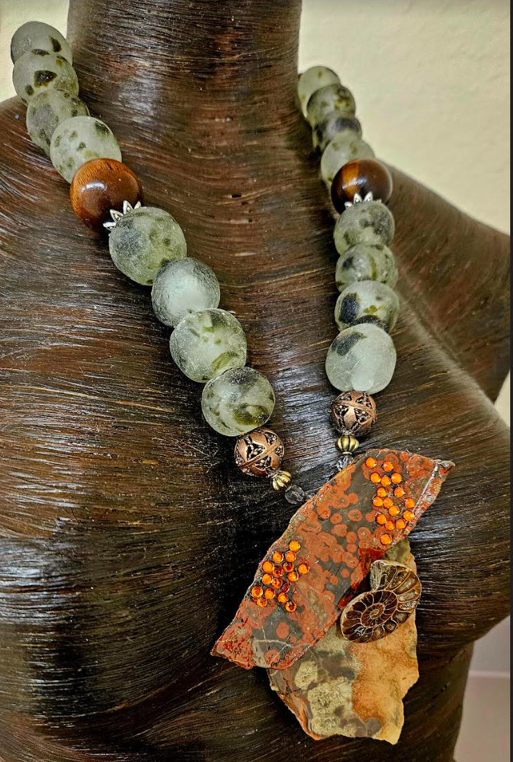 Morgan Poppy Jasper Slab Ammonite Earth Tone Unisex Chest Piece - Recycled African Glass Oversized Beaded Necklace - Kat Kouture Jewelry Designs