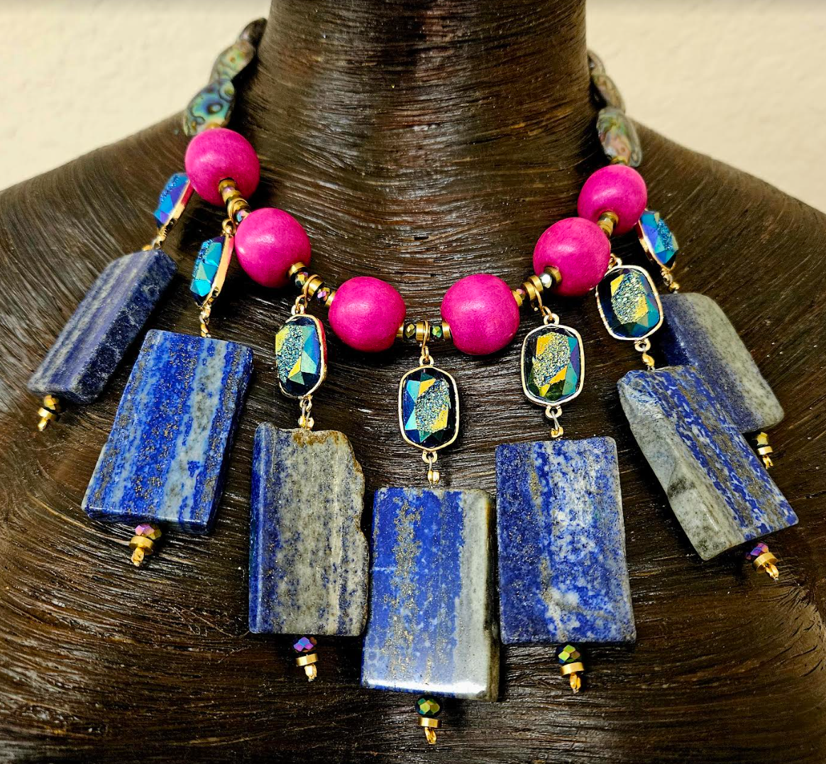 Lapis Lazuli Druzy & Hot Pink Ball Long Dangle Pierced Earrings - Shoulder Duster Gemstone Earrings - Kat Kouture Jewelry