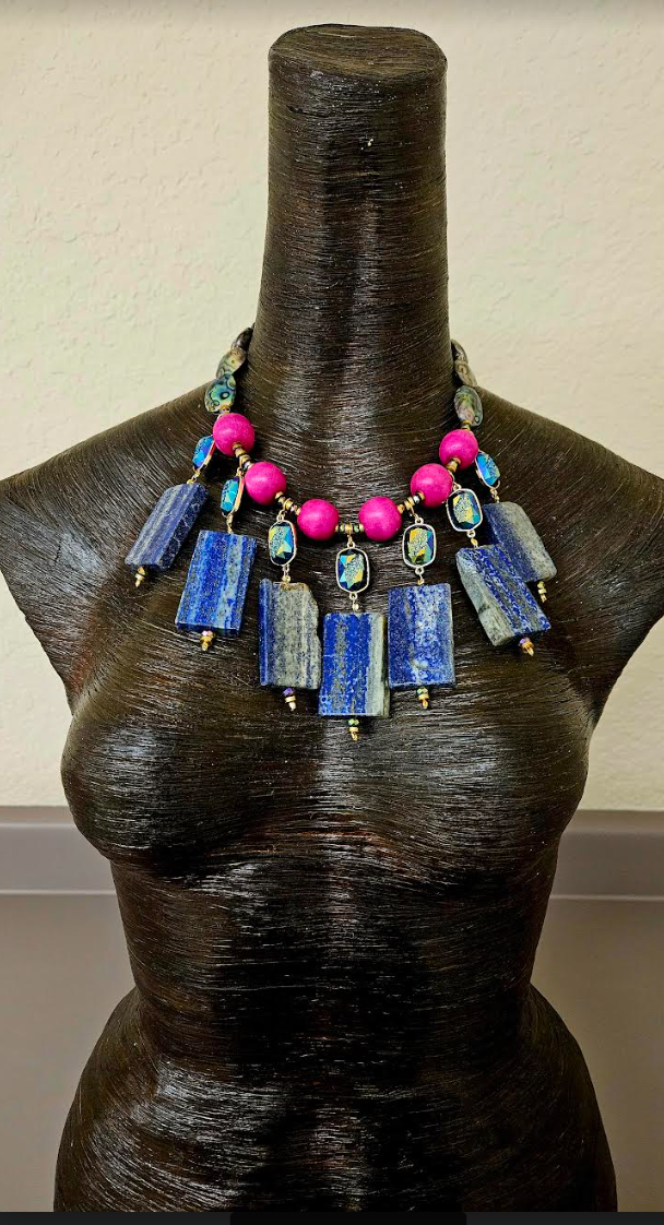 Lapis Lazuli Dangle Statement Necklace - Hot Pink & Blue Wearable Art Neck Candy for Women - Kat Kouture Jewelry