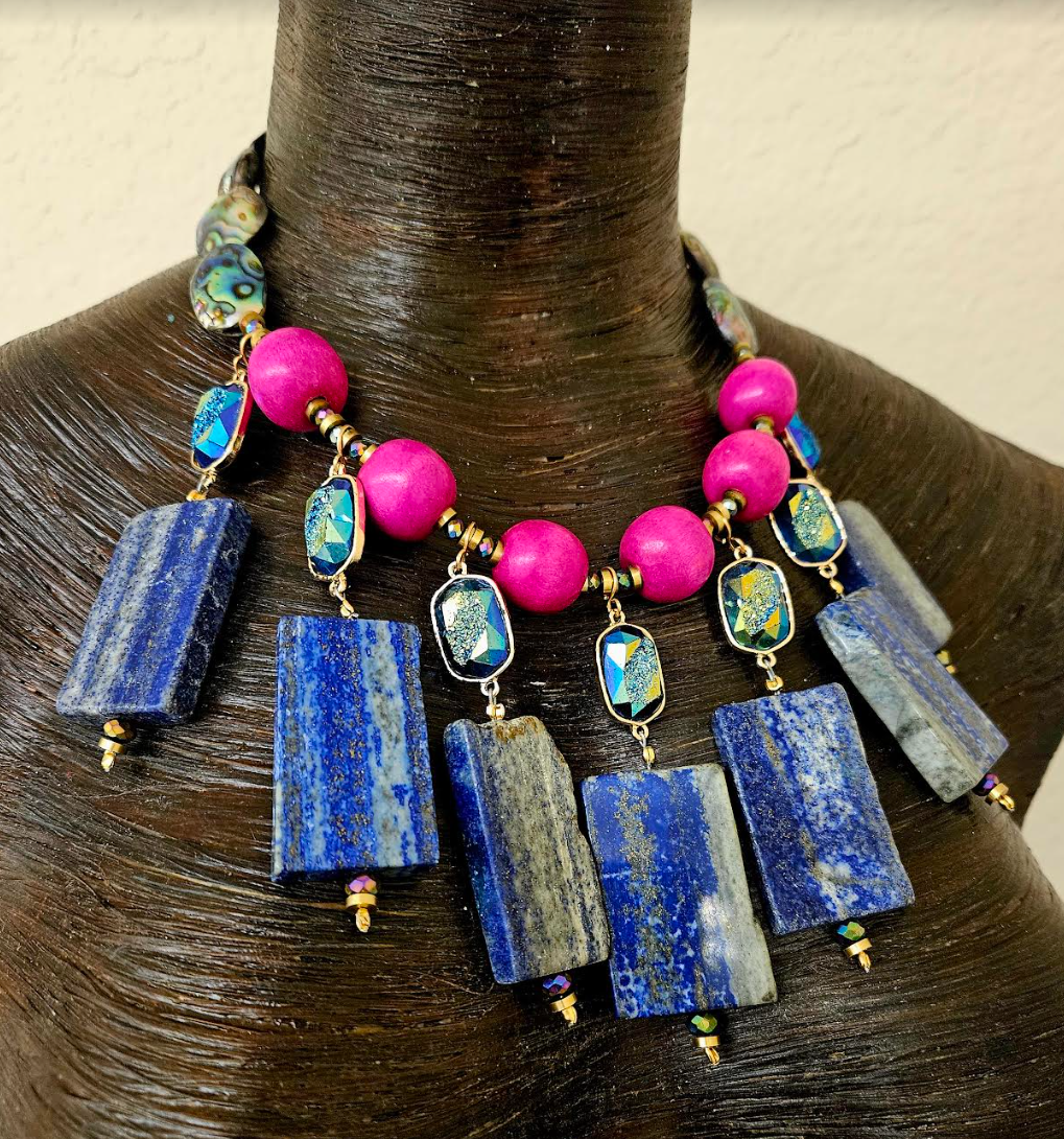 Lapis Lazuli Dangle Statement Necklace - Hot Pink & Blue Wearable Art Neck Candy for Women - Kat Kouture Jewelry