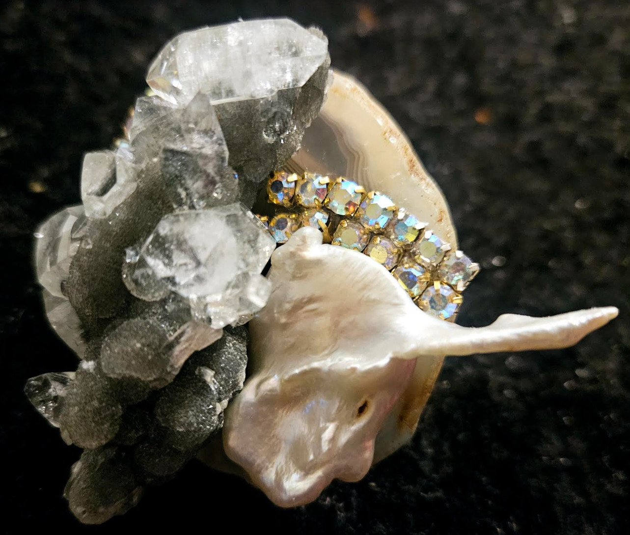 Herkimer Diamond Quartz Cluster Freshwater Pearl & Rhinestone Adjustable Ring - Gemstone & Shell Oversized Finger Candy - Kat Kouture Jewelry