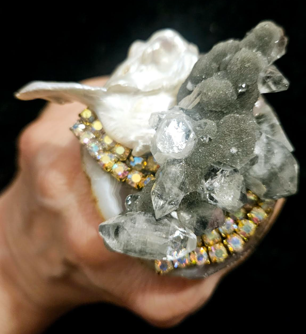 Herkimer Diamond Quartz Cluster Freshwater Pearl & Rhinestone Adjustable Ring - Gemstone & Shell Oversized Finger Candy - Kat Kouture Jewelry