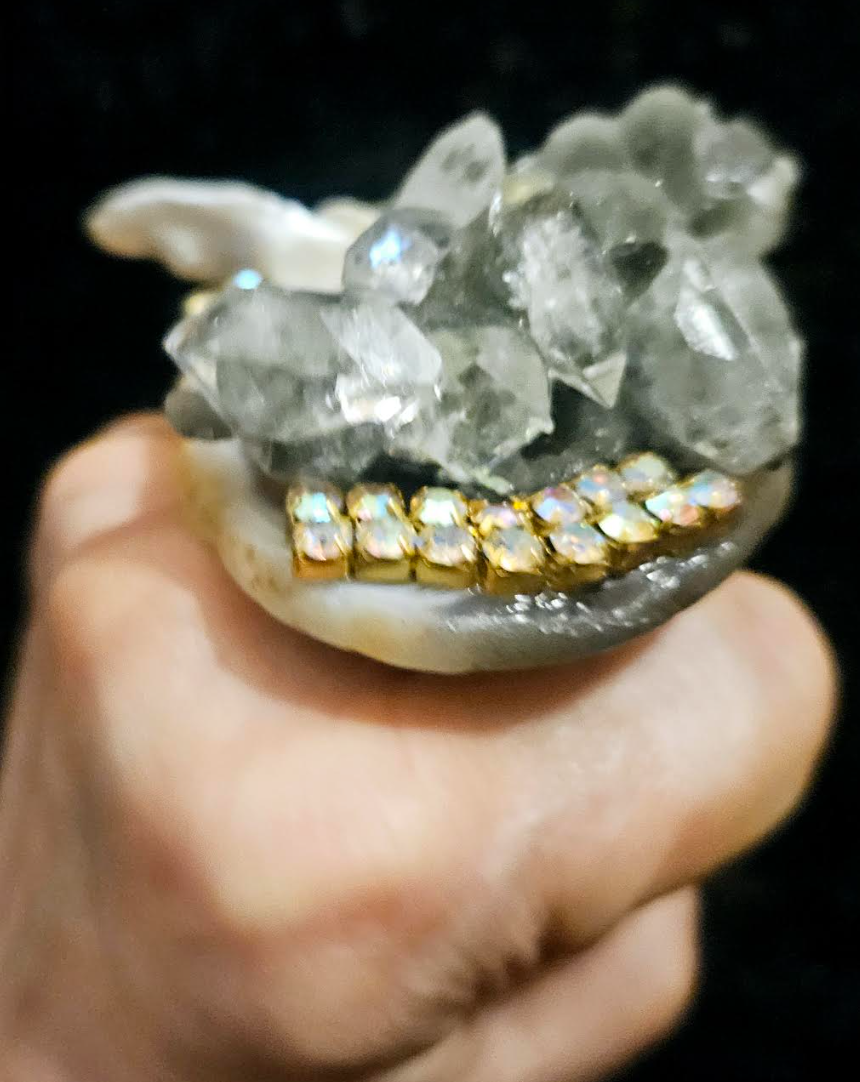 Herkimer Diamond Quartz Cluster Freshwater Pearl & Rhinestone Adjustable Ring - Gemstone & Shell Oversized Finger Candy - Kat Kouture Jewelry