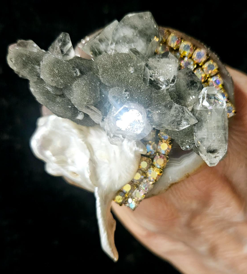 Herkimer Diamond Quartz Cluster Freshwater Pearl & Rhinestone Adjustable Ring - Gemstone & Shell Oversized Finger Candy - Kat Kouture Jewelry