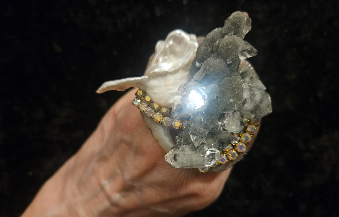 Herkimer Diamond Quartz Cluster Freshwater Pearl & Rhinestone Adjustable Ring - Gemstone & Shell Oversized Finger Candy - Kat Kouture Jewelry