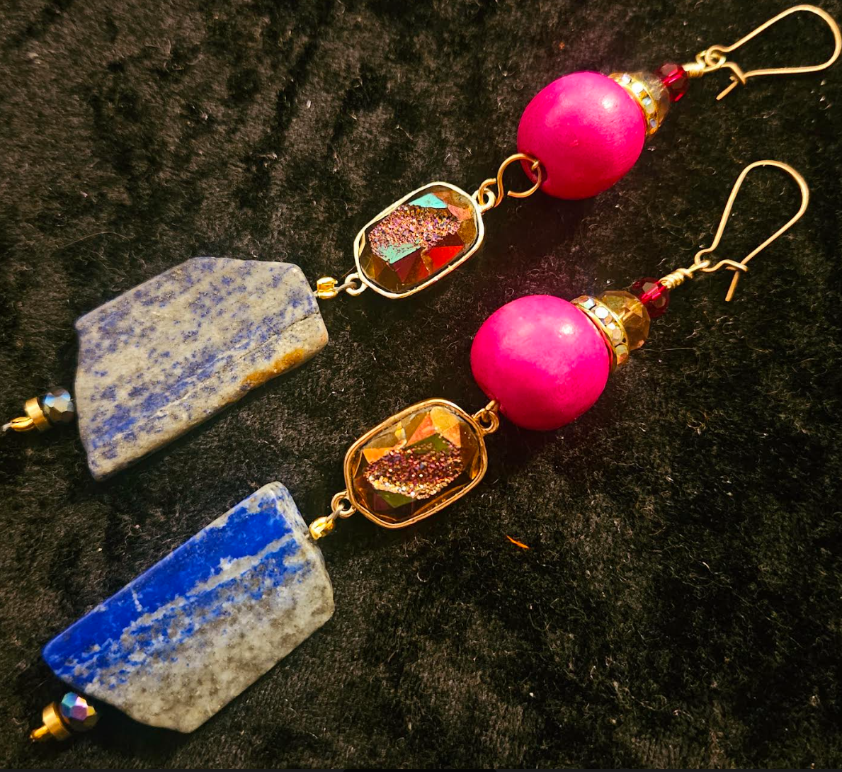 Lapis Lazuli Druzy & Hot Pink Ball Long Dangle Pierced Earrings - Shoulder Duster Gemstone Earrings - Kat Kouture Jewelry