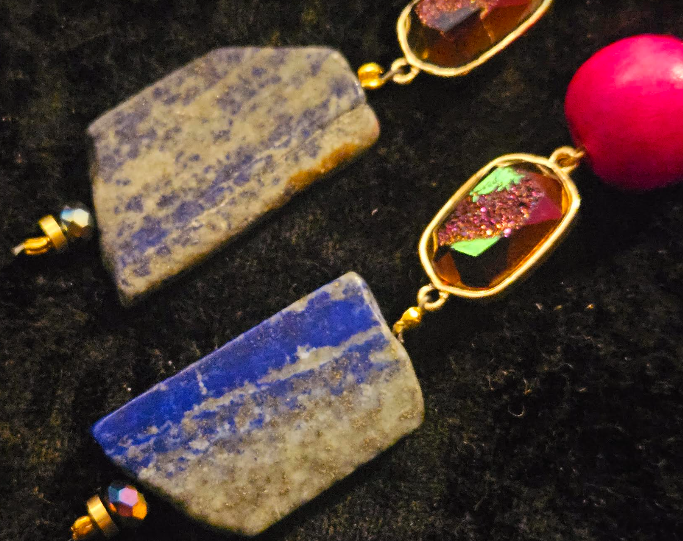 Lapis Lazuli Druzy & Hot Pink Ball Long Dangle Pierced Earrings - Shoulder Duster Gemstone Earrings - Kat Kouture Jewelry