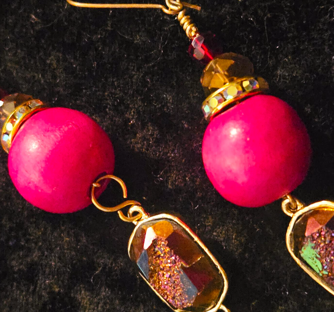 Lapis Lazuli Druzy & Hot Pink Ball Long Dangle Pierced Earrings - Shoulder Duster Gemstone Earrings - Kat Kouture Jewelry